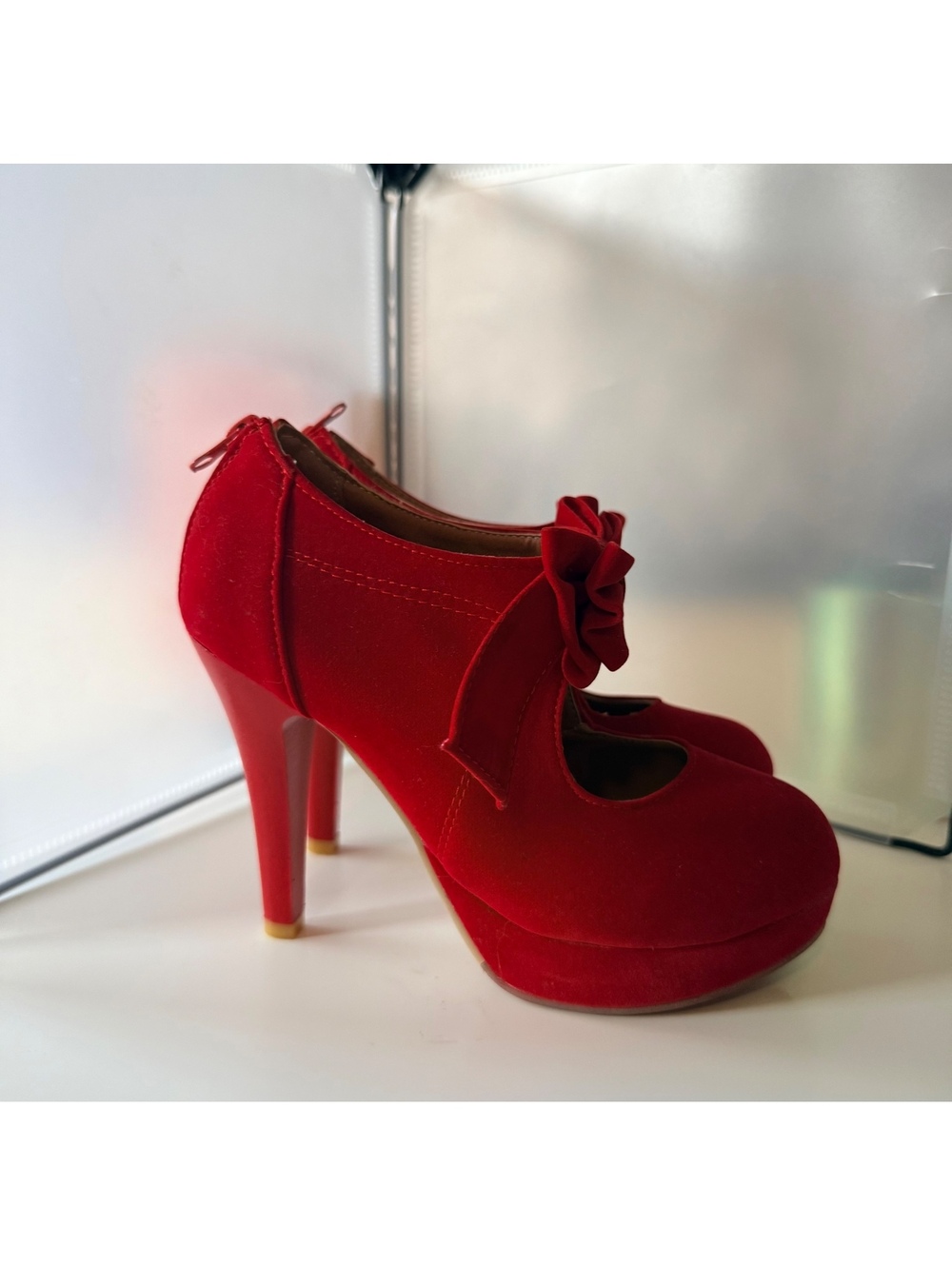 Red Velvet Bow Mary Jane Platform Heels Pumps Size 5 Coquette Y2K
